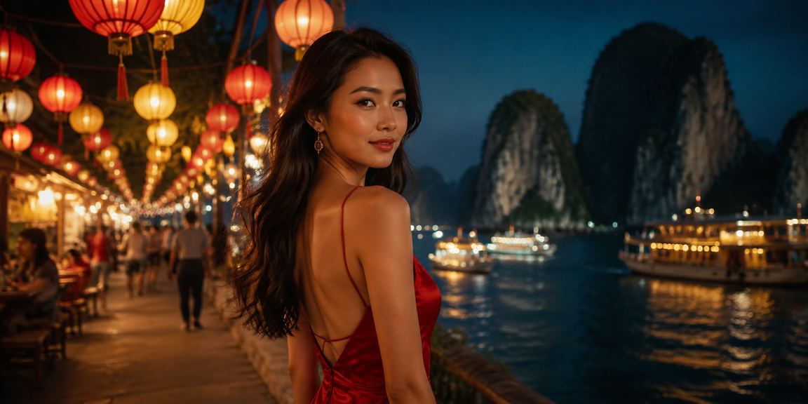 Khung cảnh vịnh Hạ Long ban đêm với người dùng xem kèo thể thao trên thiết bị di động
